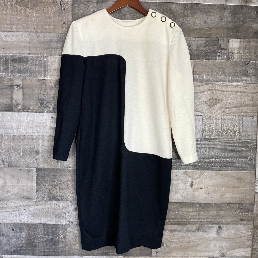 Vintage Caron Petite Womens Sweater Dress Size 10 Cream & Black Long Sleeve